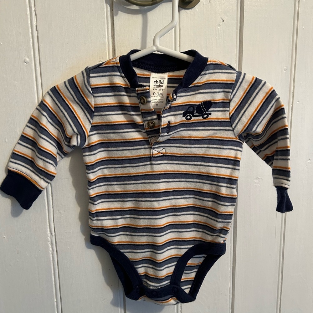 (3/$20) Carters 0/3m orange & navy striped cement truck long sleeve onesie